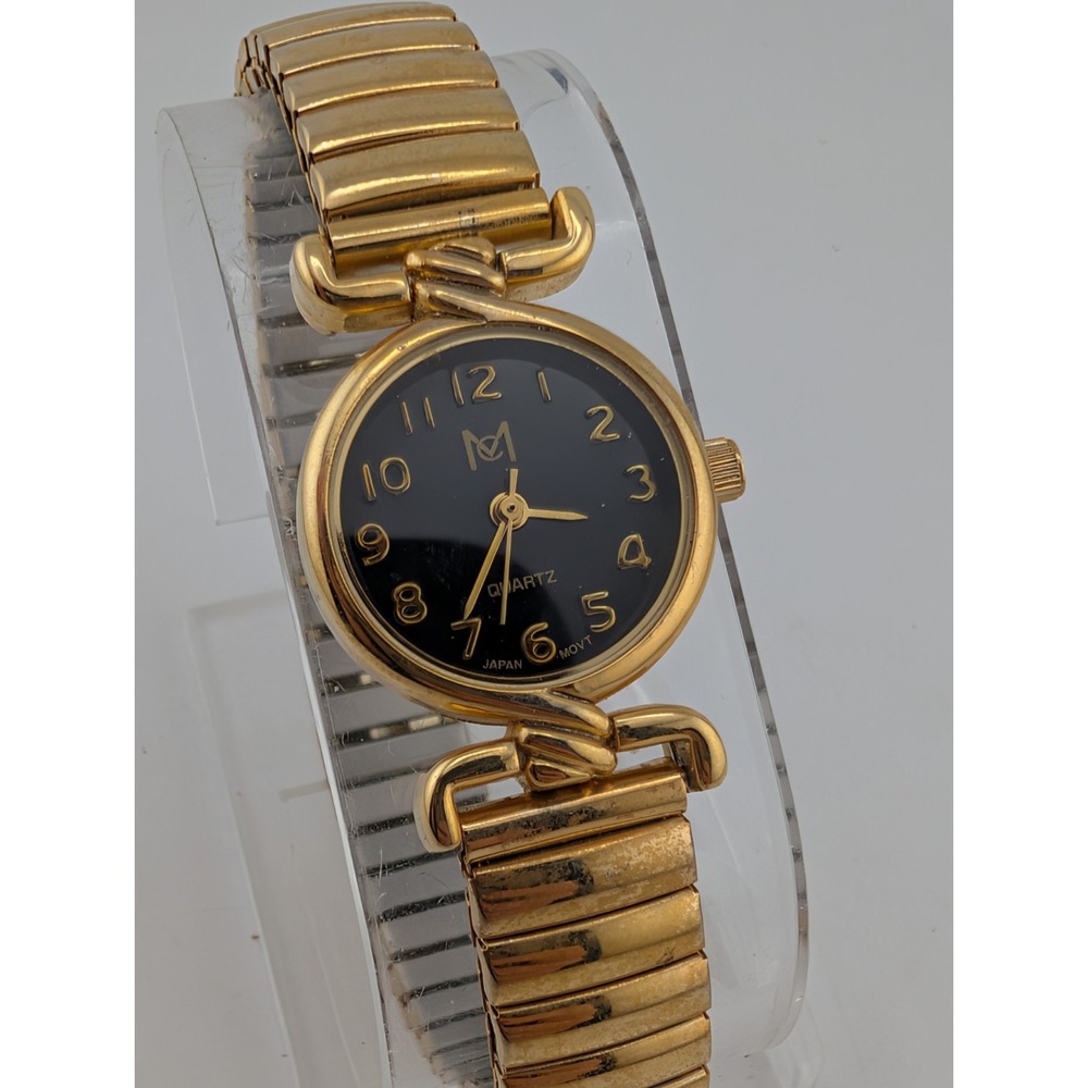 Vintage MC Women's Watch 22mm Case Black Dial Gold Stretch Band- New Battery